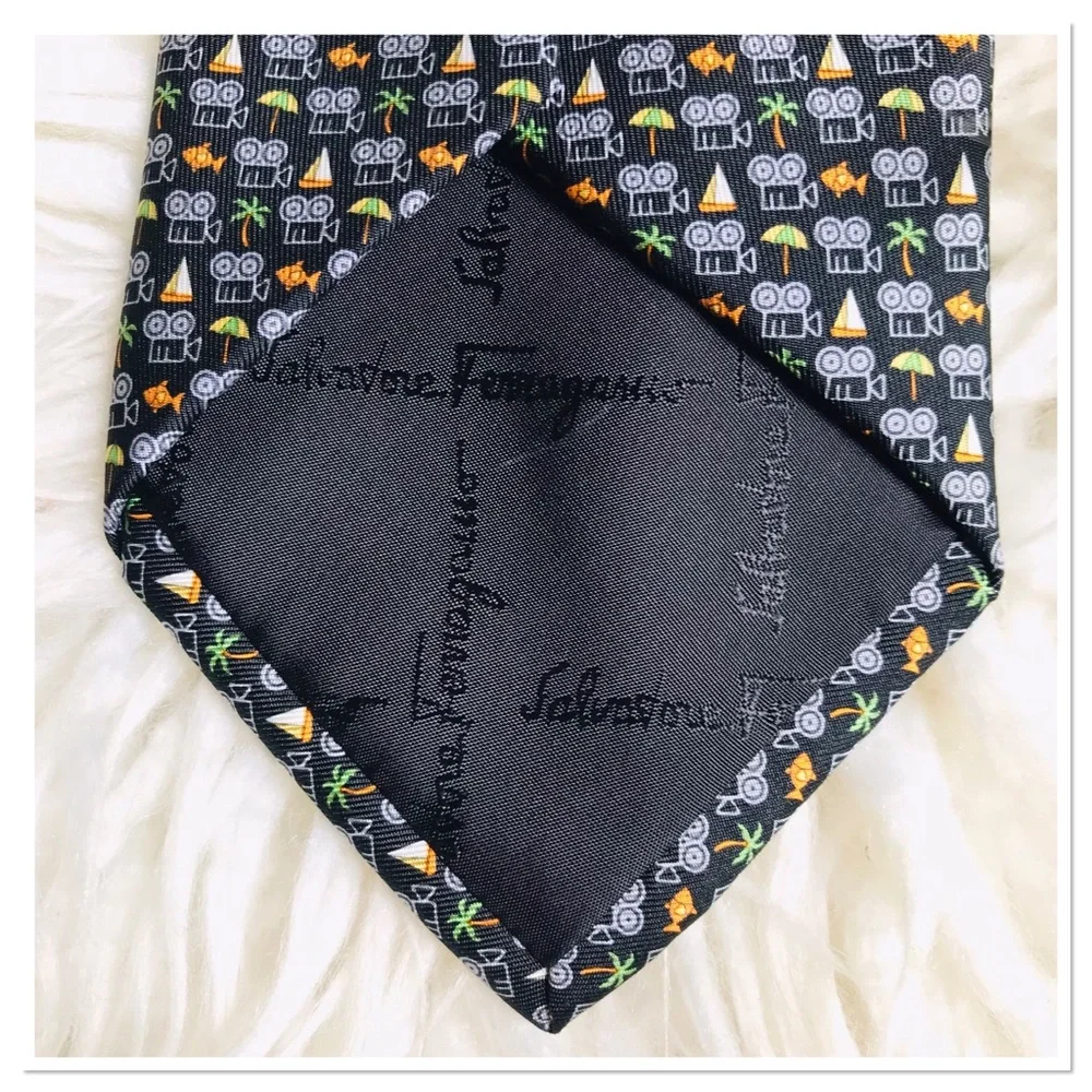 Salvatore Ferragamo 100% Silk Tie Fish Palm Tree Print Black Multicolour
